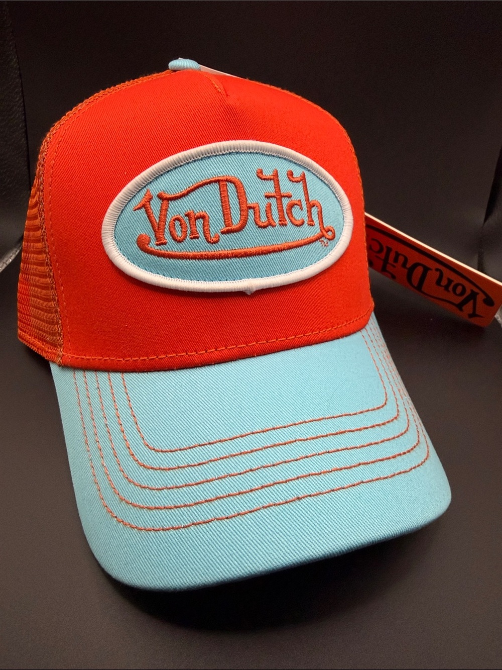 Von Dutch Orange and Light Blue Logo Trucker Cap